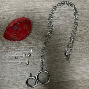 Origami Owl necklace- chain with two lockets and six charms